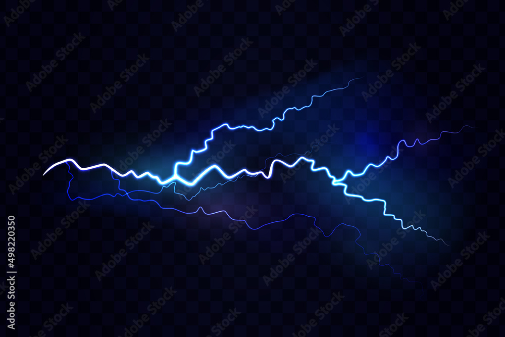 Thunderbolt neon lightning effect, realistic dangerous and powerful flash at dark night sky. Vector illustration of thunderstorm, stormy weather condition, electric blue blaze bolt