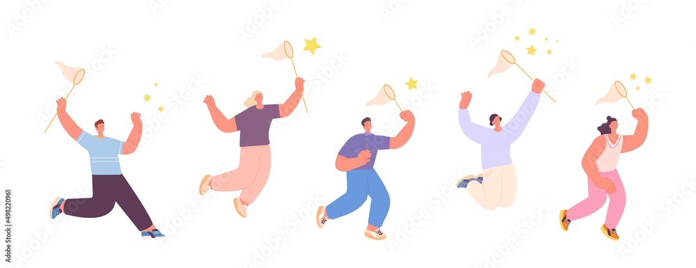 People catching stars. Person run jump and flying to star with net. Catch dream metaphor. Happy isolated adult woman and man play, vector set