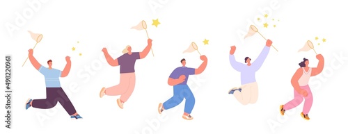 People catching stars. Person run jump and flying to star with net. Catch dream metaphor. Happy isolated adult woman and man play, vector set