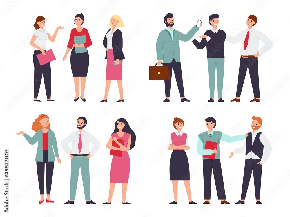 Business people talk. Work communication and negotiation, team conversation. Office women men chat in group, teamwork decent vector characters