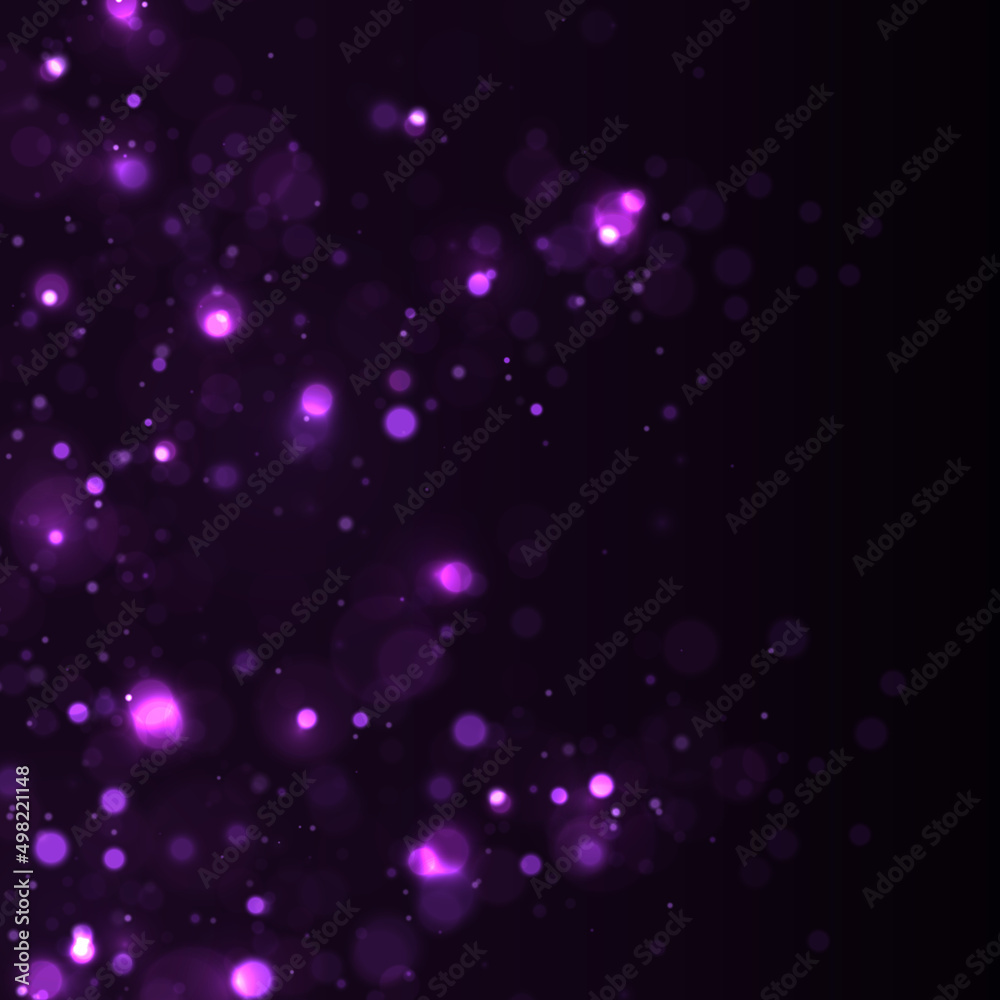 Colorful purple bokeh effect. Sparkling magical dust particles. Magic concept.