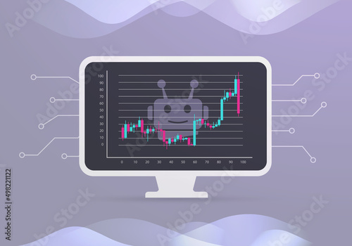 Algorithmic trading concept. AI-managed automated programmatic trading and investment illustration. Robo-advisor - artificial intelligence for forex, stocks. Laptop with growing candle stick chart