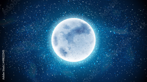 Starry sky with full moon shining bright. Vector flat cartoon, summer skyline landscape. Tranquil night with celestial bodies and constellations. Astrology and astronomy, romantic evening
