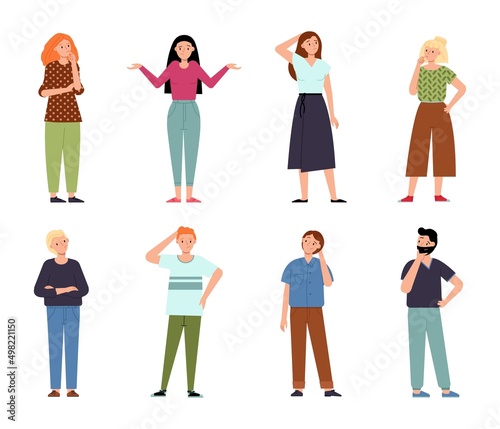 People choice problem. Indecision and difficulty choosing, indecisive person think. Businessman question, dilemma or problems. Thinking decent vector characters