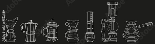 Coffee tools set. Coffee line icons. French press, chemex, aeropress, mocha, siphon, vector outline illustrations. photo