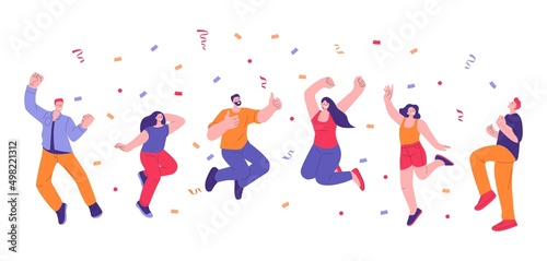 Happy adults celebrating. Jump people and falling confetti. Fun jumping young person  isolated celebration of people group. Hooray kicky vector characters