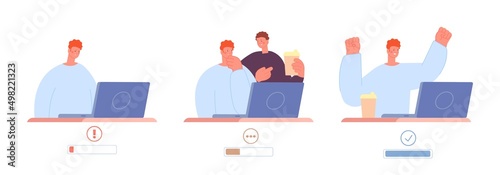 Caffeine energy. Tired sleepy man drink coffee and get more active. Office routine, businessman and colleague. Manager at work vector concept