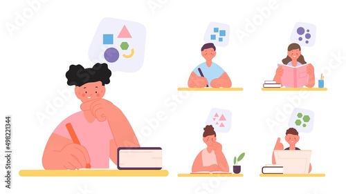 Different thinking types. Logic, creativity, abstract and mixed mind processes. Kids think diverse. Cartoon students reading and writing, education vector characters