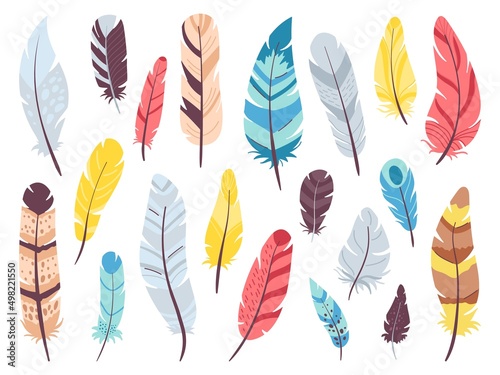 Tribal feathers set. Flat doodle feather, bird plumage collection. Indian boho decorative elements, art vintage design. Isolated ethnic decent vector clipart