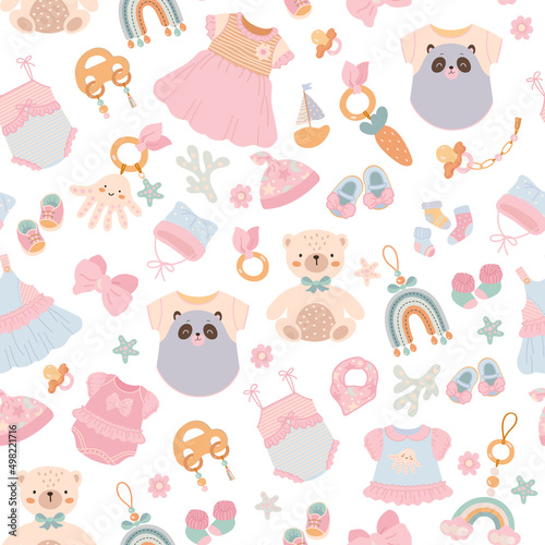 Baby toys seamless pattern. Cute kids fun toy, cartoon flat newborn fabric print design. Clothes and doll, kid accessories nowaday vector background