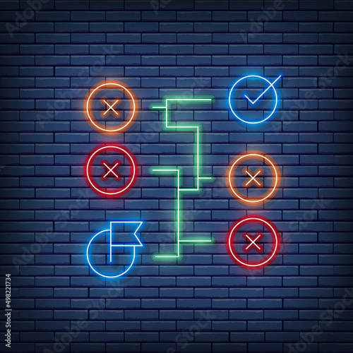 Vector correct solution, labyrinth, algorithm neon sign. Vector illustration in neon style.