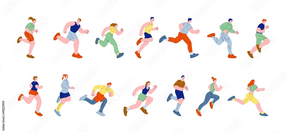Runner characters. Teen moving, running cartoon athletes. Activities and rush, young flat sportsman run. Jogging man woman in sportswear kicky vector set