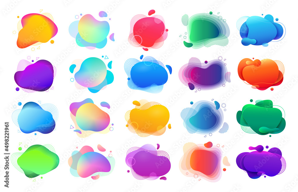Liquid shapes and forms, blobs with gradient color. Vector flat cartoon, isolated set of stain spot design, typography or banner with copy space. Abstract artistic design, flyer or logotype