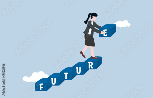 Planning for better future, self development to 
achieve higher target, career growth, business or investment success. Ambitious businesswoman build stair of future progress by herself.  
