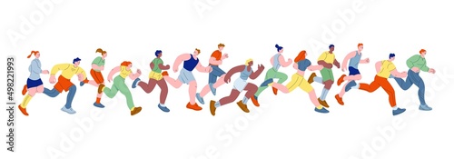 People running marathon. Fast run person, speed athletes. Isolated sport cartoon flat characters. Women men activity, race competition kicky vector scene