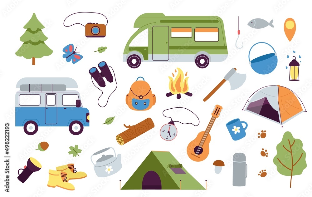 Camping outdoor elements. Summer camp adventures, hiking accessories. Tent and campers, home on wheels. Travel on nature decent vector objects