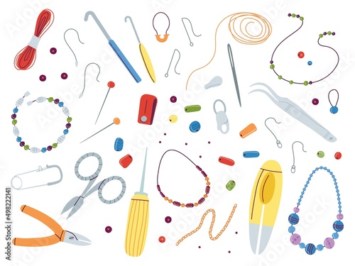 Jewelry making tools. Beads mix and art hand work, handicrafts or workshop accessories. Make rings, earrings or necklace, craft bracelet decent vector elements