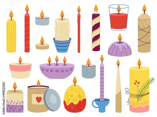 Candles set. Craft candle with details, romantic relaxation and party elements. Isolated wax with fire, aromatherapy warm light. Decoration home spa decent vector kit