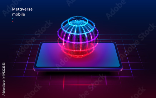 Mobile metaverse, digital planet and virtual or augmented reality in smartphone. Vector realistic cartoon, futuristic circular sphere with neon gradient lines and squares design of interface