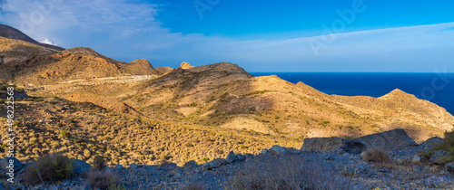 Rocky Coastline and Cliffs, Los Escullos, Cabo de Gata-Níjar Natural Park, UNESCO Biosphere Reserve, Hot Desert Climate Region, Almería, Andalucía, Spain, Europe