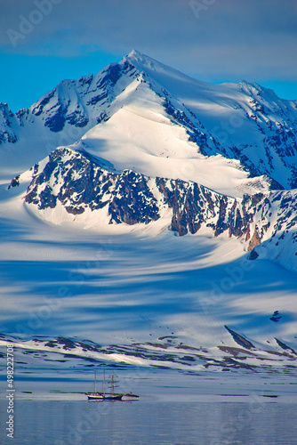 Expedition Boat, Snowcapped Mountains, Oscar II Land, Arctic, Spitsbergen, Svalbard, Norway, Europe photo