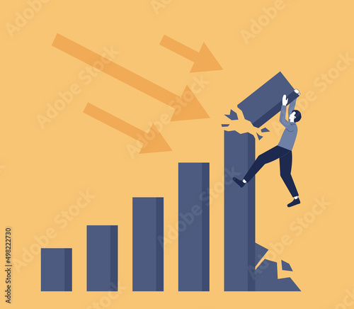 Crisis concept. Bankruptcy with falling down profit graph and money