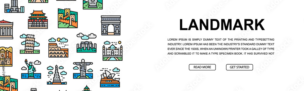 Fototapeta premium Travel Landmark horizontal icon banner design. Egypt, Italy, United Kingdom, France, India promotion illustration for web page, header presentation.