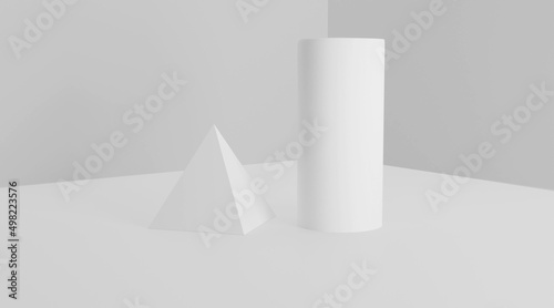 White geometric shapes on white studio floor, 3d render