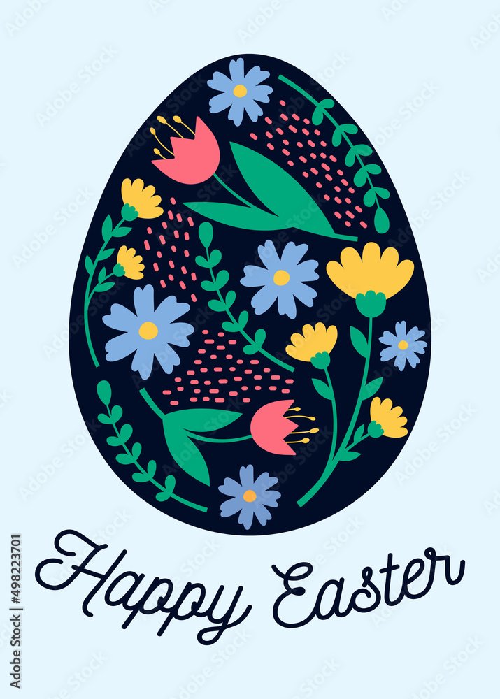 Beautiful card with a floral pattern. Easter greeting card with egg and flowers. Beautiful card with a floral pattern. Easter greeting card with egg and flowers.