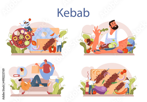 Kebab street food concept set. Chef cooking delicious roll with meat