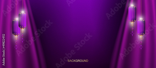 Scene with curtains and burning lanterns, purple tint illustration