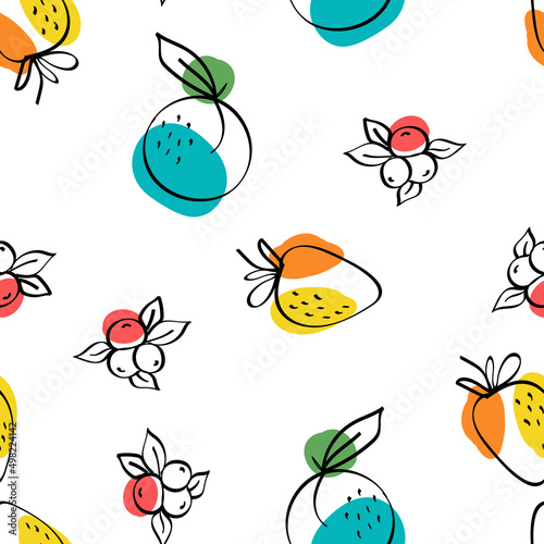 Fototapeta Naklejka Na Ścianę i Meble -  Bright Fruit Vector White Seamless Pattern. Line