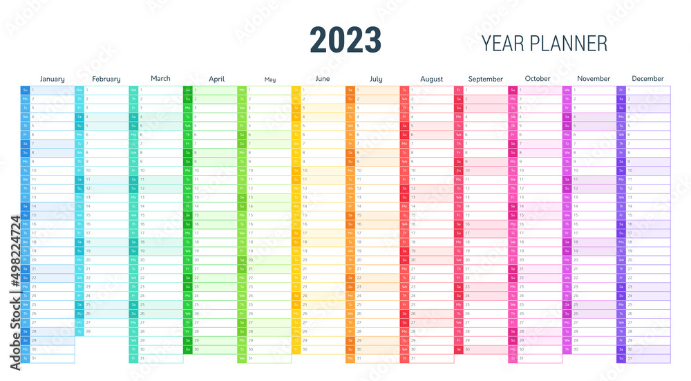Year planner 2023 calendar with monthly vertical grid in rainbow Year planner 2023 calendar with monthly vertical grid in rainbow