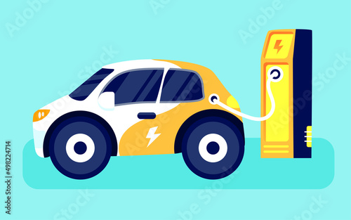 New energy vehicle is charging at charging pile, low carbon life, vector illustration