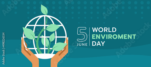 world environment day - hands hold circle white line globe sign with tree sapling roll around on blue background vector design