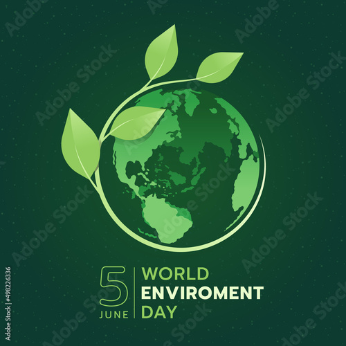world environment day - green branch and leaves roll around circle globe on dark green background vector design