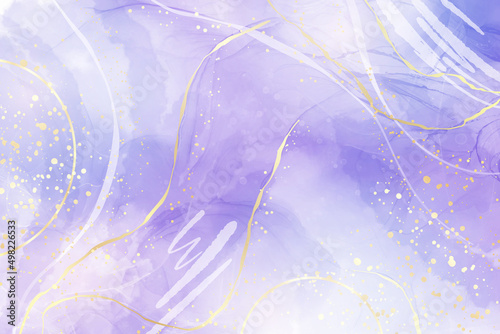 Purple gey liquid watercolor background with golden dots. Dusty violet marble alcohol ink drawing effect. Vector illustration design template for wedding or party invitation, menu, rsvp