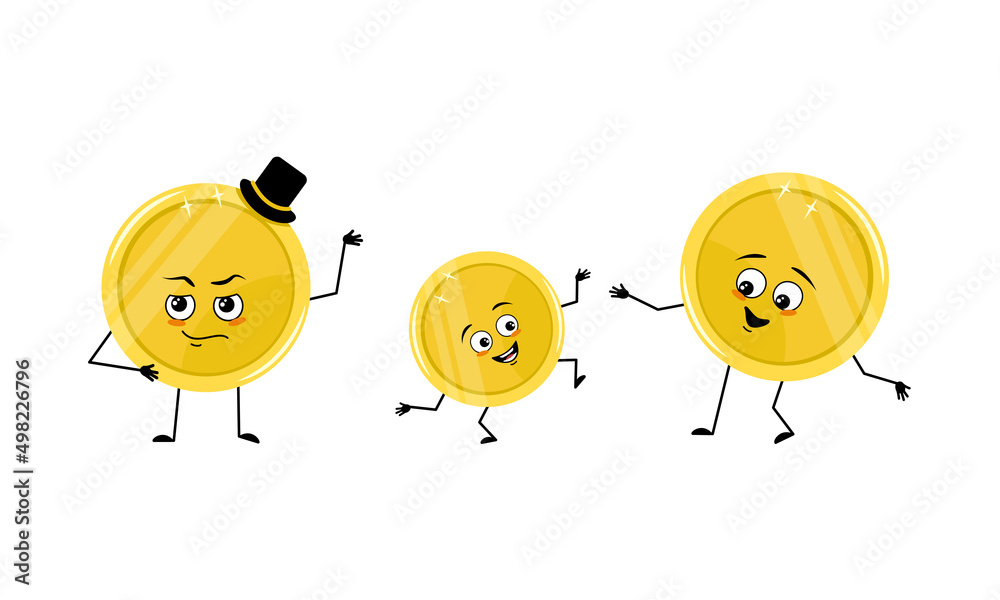 Family of golden coin character with happy emotions and poses, smile ...