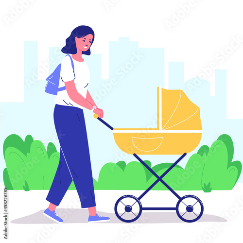 Mom wheeling stroller in park. Young woman walking with baby. Baby in stroller. Vector flat illustration