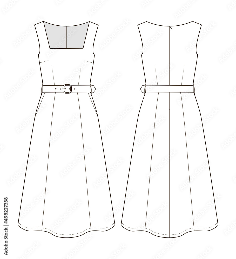 Fashion technical drawing of midi sleeveless dress with belt Fashion technical drawing of midi sleeveless dress with belt