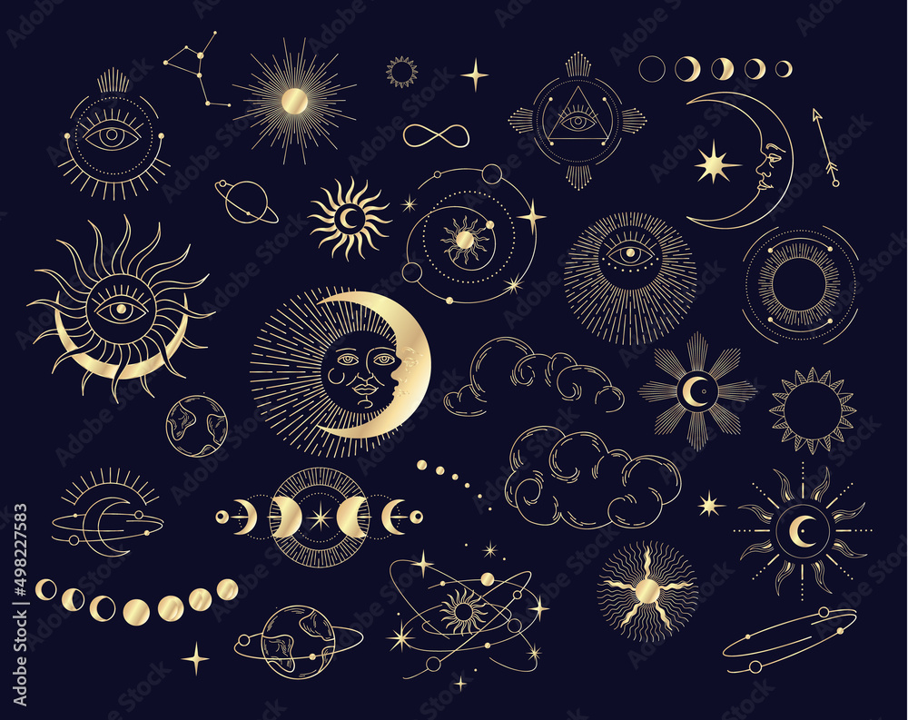Set of celestial mystic esoteric magic elements sun moon and clouds Different stages of moon, zodiac Signs. Alchemy tattoo object logo template. Vector Set of celestial mystic esoteric magic elements sun moon and clouds Different stages of moon, zodiac Signs. Alchemy tattoo object logo template. Vector