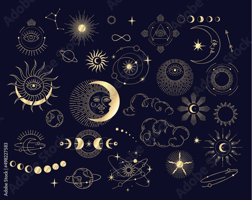 Set of celestial mystic esoteric magic elements sun moon and clouds Different stages of moon, zodiac Signs. Alchemy tattoo object logo template. Vector