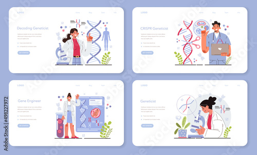 Geneticist web banner or landing page set. Scientist work with DNA molecule