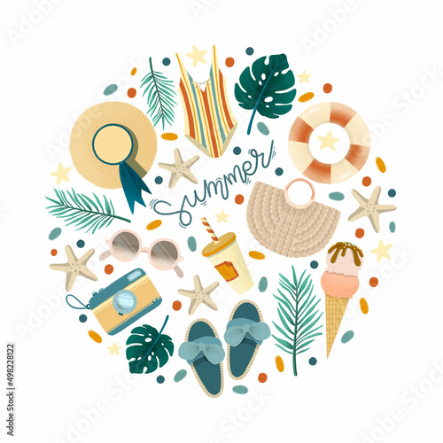 Summer vacation with tropical leaves, swimming suit, hat and sunglasses round illustration