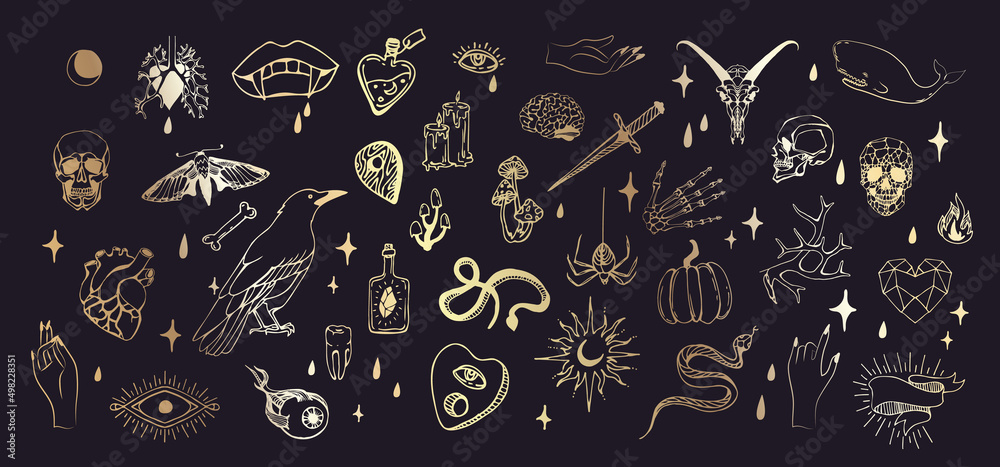Naklejka premium Set of boho hand drawn mystical magic set. Esoteric doodle elements and logo icons with hands, raven dagger. Black outline style. Abstract vector illustration