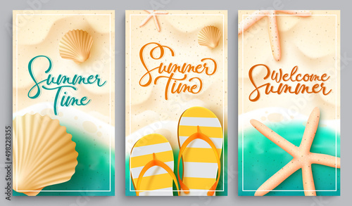 Summer time vector poster set design. Welcome summer time text in seashore beach background with starfish, seashell and flipflop elements for tropical season messages collection. Vector illustration.