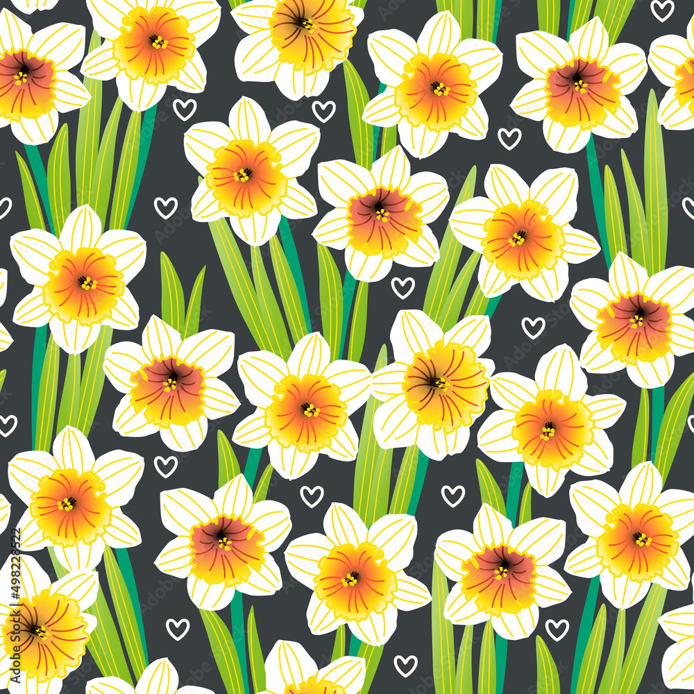 Vector seamless pattern with stylized daffodils and hearts