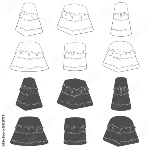 Set of black and white illustrations with curd Easter with glaze. Isolated vector objects on a white background.