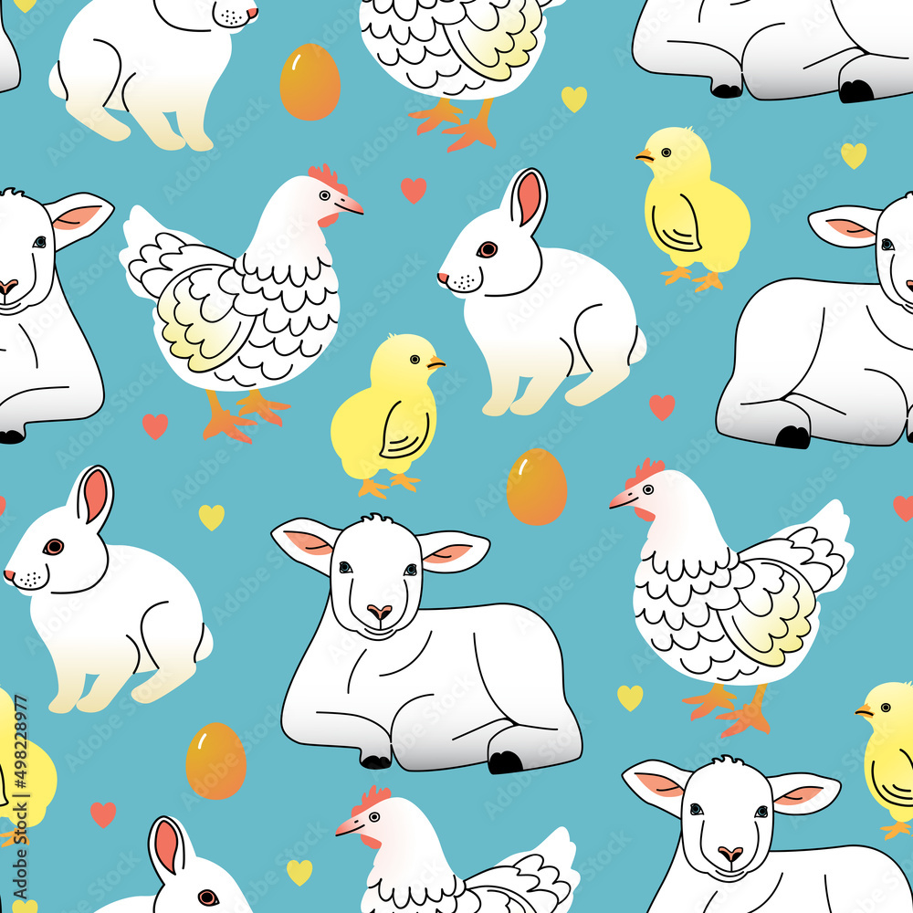 Easter vector seamless pattern with chickens, hens, rabbits and sheep