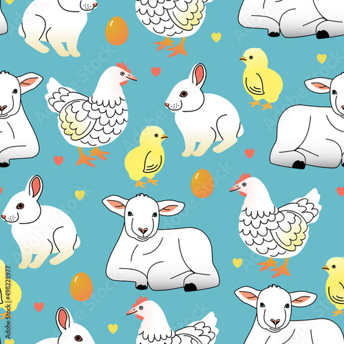 Easter vector seamless pattern with chickens  hens  rabbits and sheep